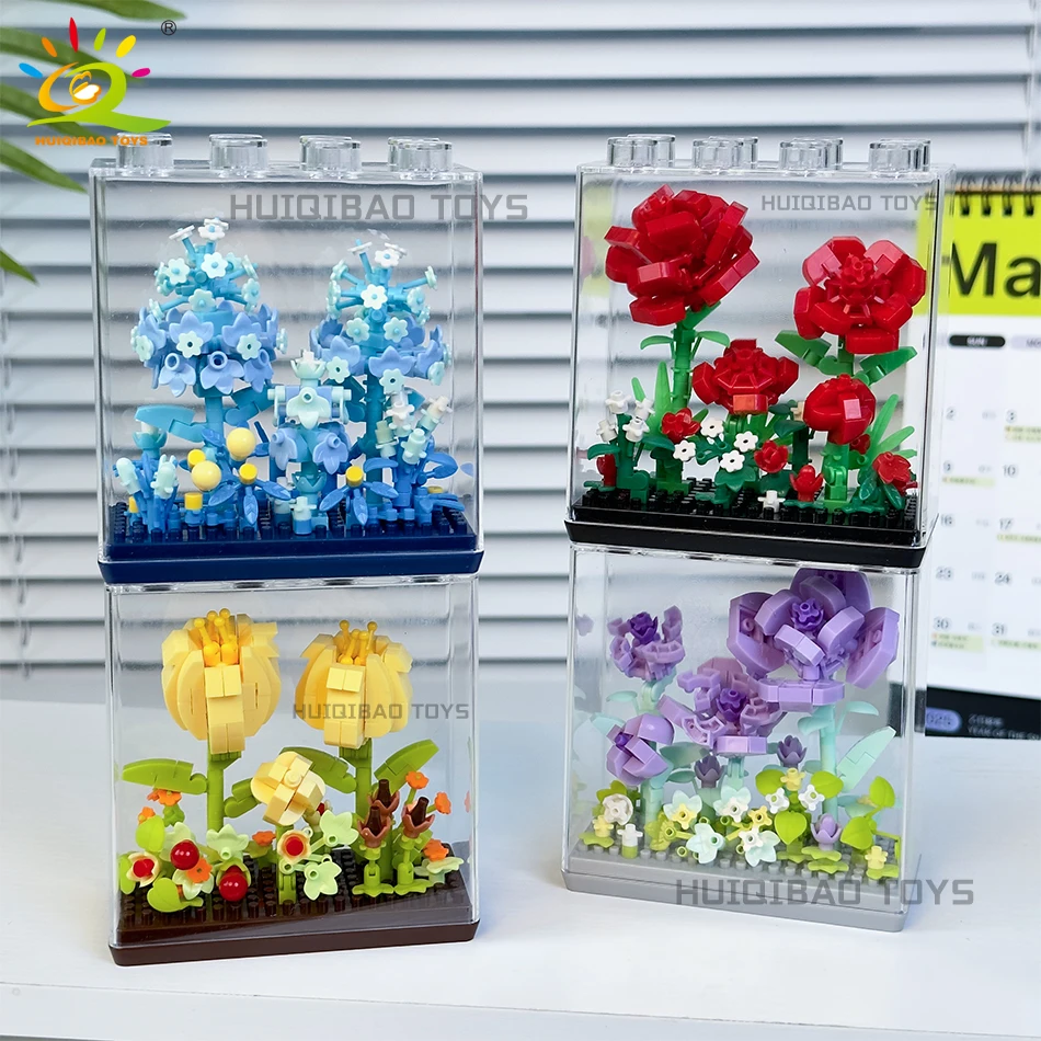 HUIQIBAO Bloques de construcción creativos, caja de flores de ensueño, serie de flores eternas, adornos de escritorio, ramo de flores para niñas, regalos, juguete ensamblado