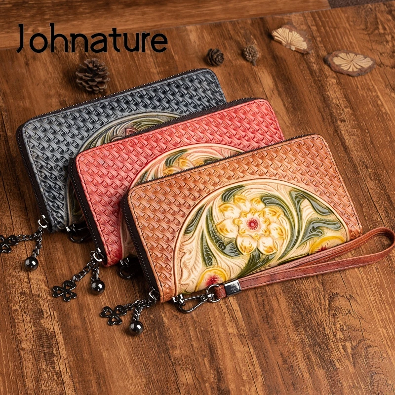 

Johnature Handmade Embossed Lady Purse 2024 New First Layer Cow Leather Women Wallets Vintage Long Hand Wallet Card Holder