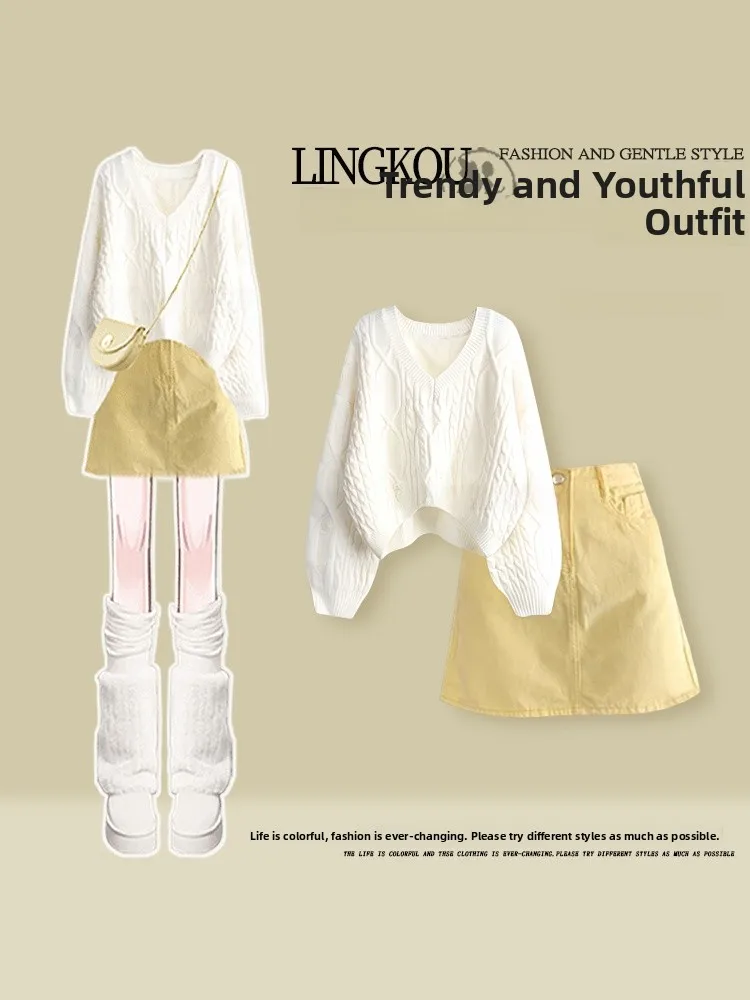 

Осенний трикотажный комплект больших размеров, женский корейский свитер V-Ne с джинсовой юбкой, комплект из двух предметов с высокой талией