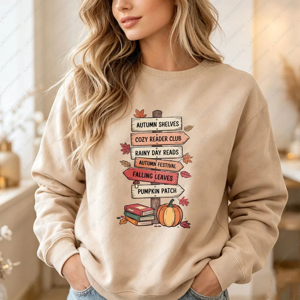 Cozy Autumn Bookish Direction Sign Hoody Cute Fall Reading Aesthetic Pullovers Cozy Halloween Book Lover Gift Autumn Sweatshirt