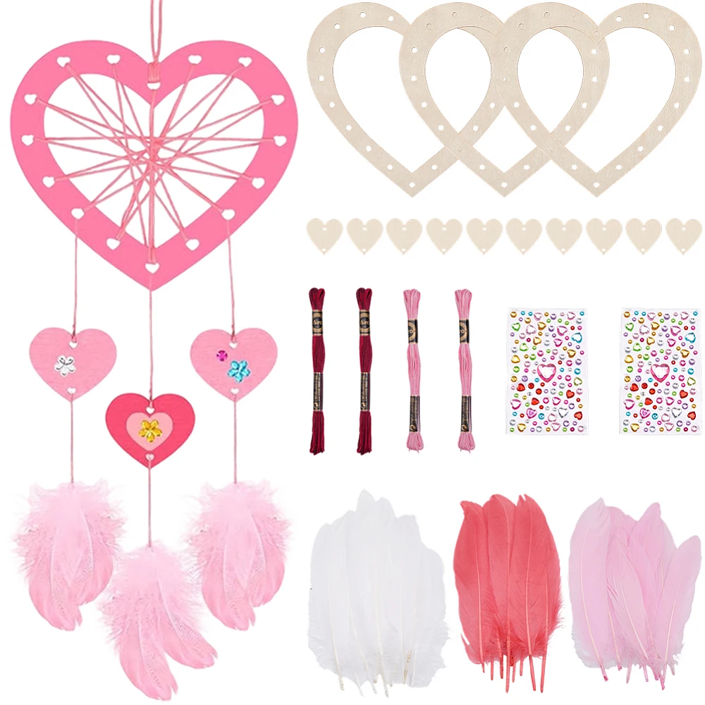 6 Pack Heart Dream Catcher Kit Dreamcatcher Kit Valentines Mother's Day Wooden Art Craft with Feathers Thread Stickers Coloring