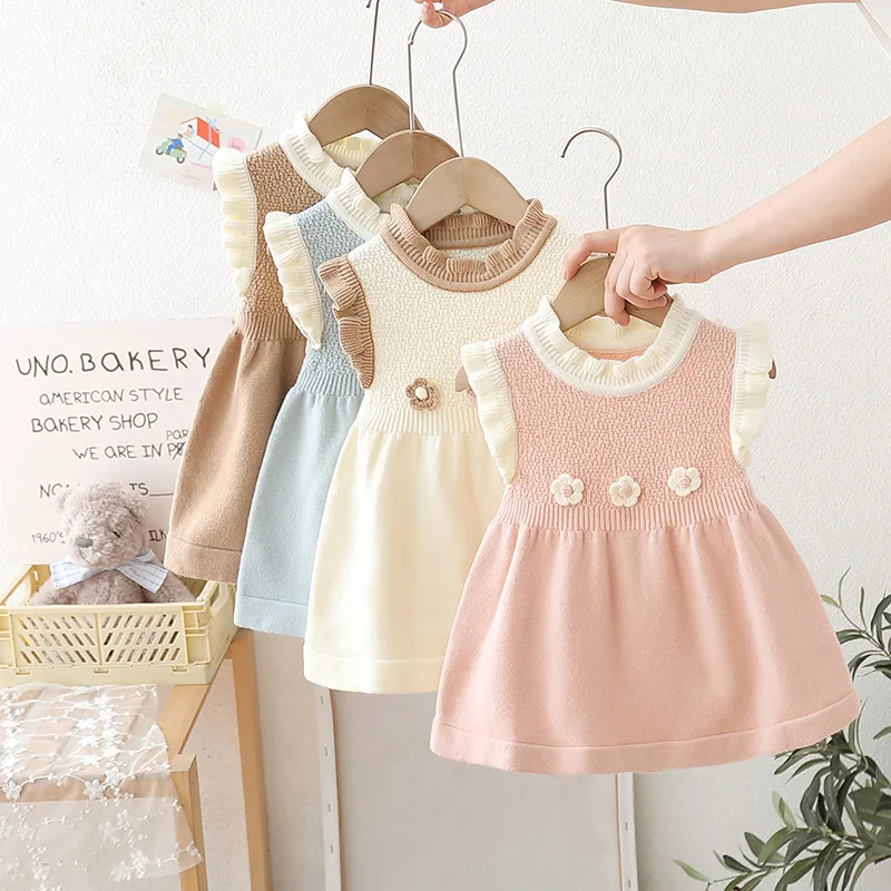 

Kids Dress Knitted Autumn Winter Girl Sleeveless Infant Clothing Fashion Solid Ruffles Cute Florals Overalls Children Dresses