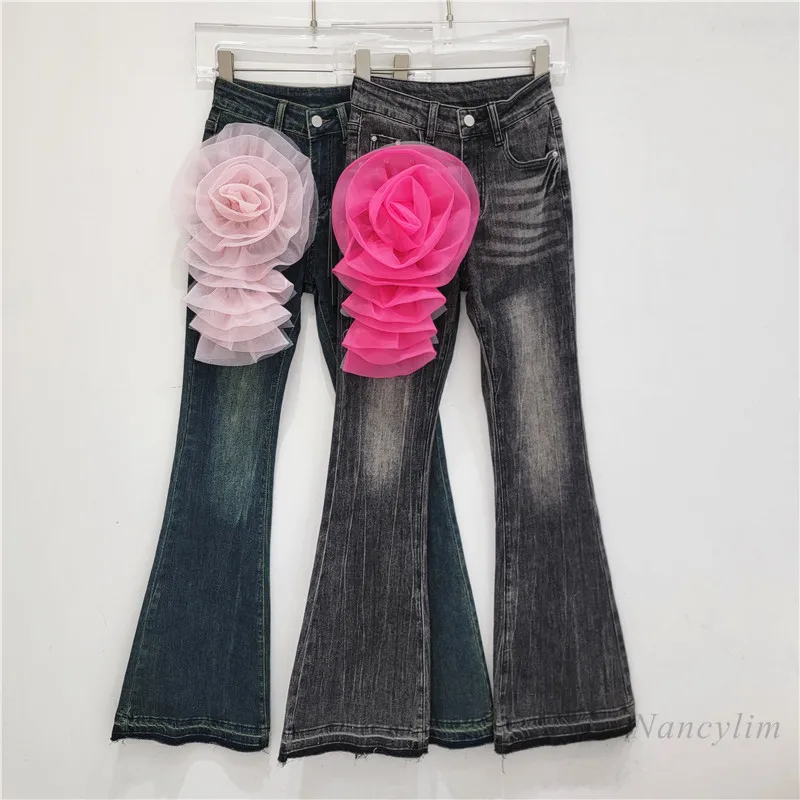 Retro Bloem Decoratieve High Street Licht Uitlopende Jeans Dames Herfst Hoge Taille Ontwerp Elastische Afslankende Hoefijzerbroek