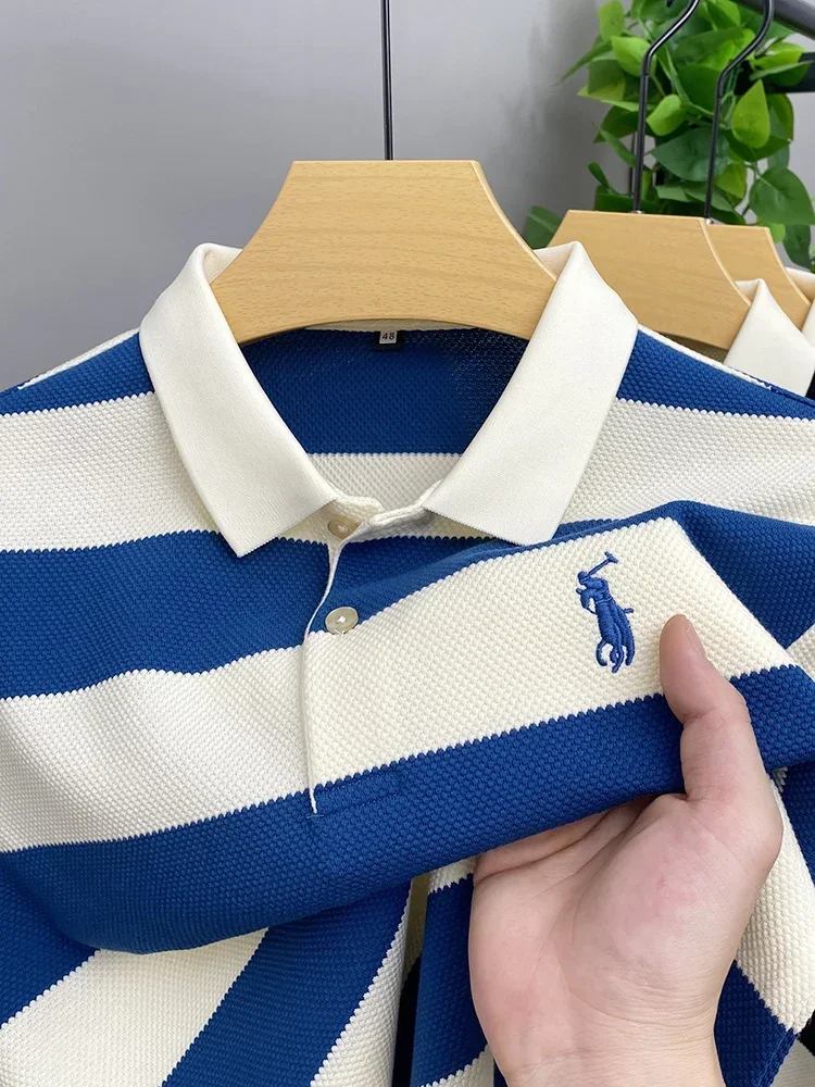 2024 New Summer High Quality Lapel POLO Shirt Short Sleeve Men\'s Breathable Fashion Striped Embroidered Business Casual Top