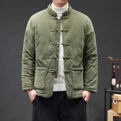 2024 Thicken Winter Jackets Men Chinese Style Corduroy Warm Tang Suit Hanfu Parkas Man Retro Disc Buckle Male Coat
