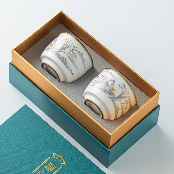 

95ML High-end Ru kiln master teacup gift box hardbound on the cup tea gift creative hand-painted