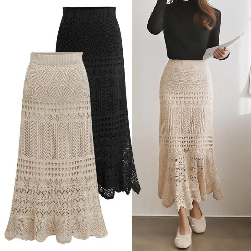 2026 New Summer Lace Knit Midi Skirt High Waist Mermaid Bodycon Skirt For Women Plus Size 200lbs Hollow Out Maxi Skirt