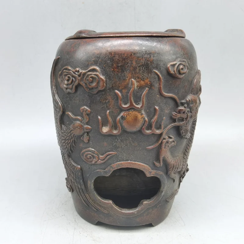 Antique Copperware Carbon Home Living Room TV Cabinet Decoration Brass Dragon And Phoenix Auspicious Tea Stove Ornament