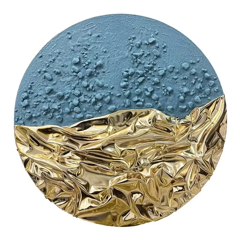 Round 3D Textured Abstract Wall Art White Gold Foil Hand Painted Leather & MDF Painting for Living Room Hotel Decor
