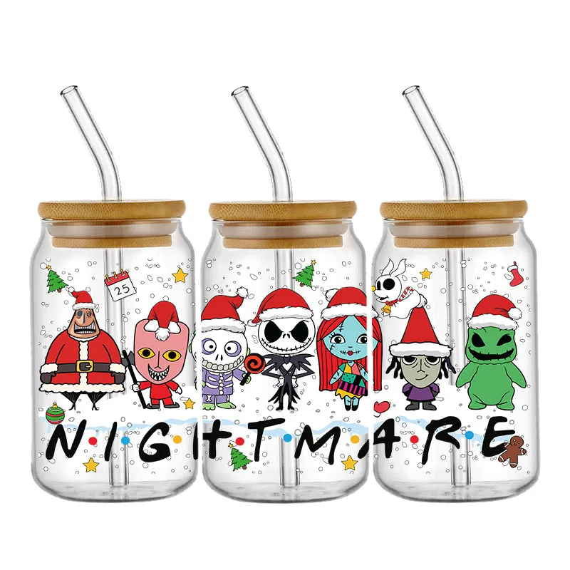 Chirstmas Nightmare Stickers Jack Sally Waterproof UV DTF Cup Mug Wraps Sticker DIY 3D Wrap Decal For 16oz Libbey Glass