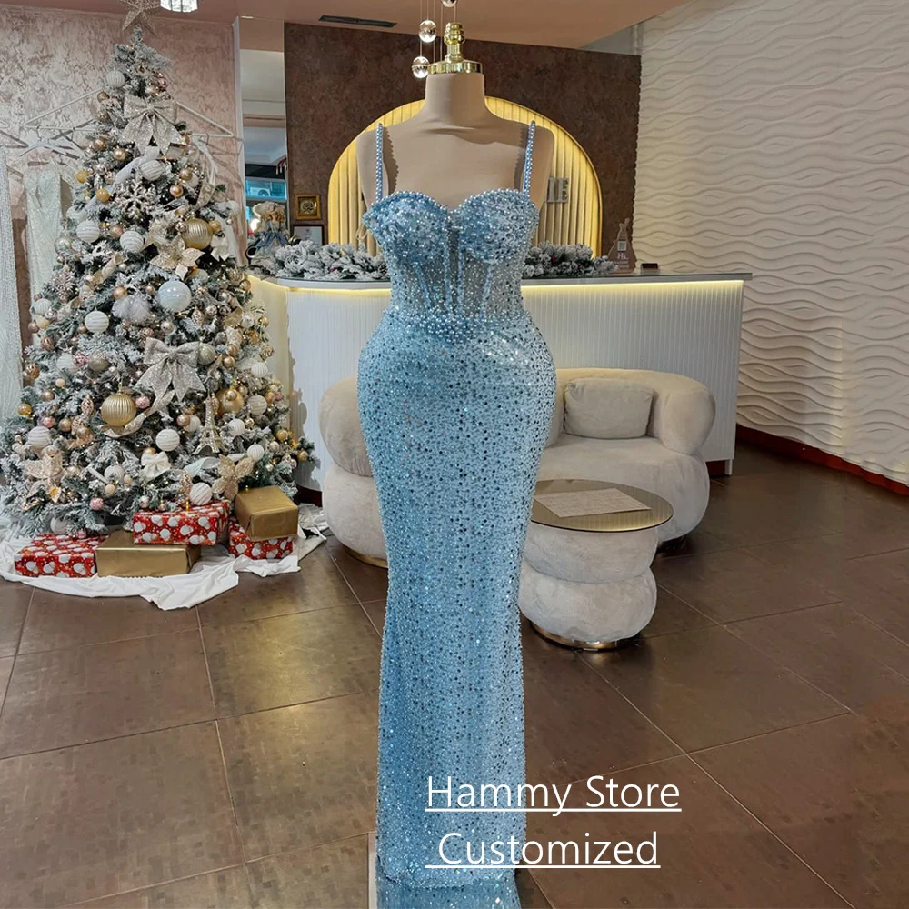 

Cheap Sexy Evening Dress Customized Pearls Spaghetti Straps Sweetheart See Through Sequined Mermaid Prom Dresses Pageant Gown