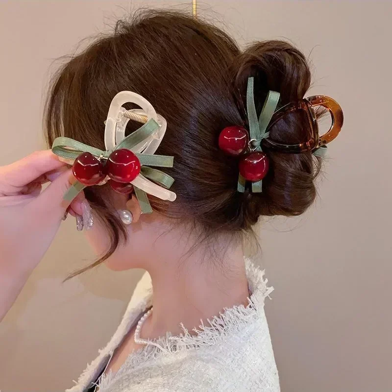 Cute Cherry Mini Hair Claw Clamp for Women Girls Ribbon Hairpin Hair Clip Crab Headwear Hair Accessories Ornament Headdress 2024