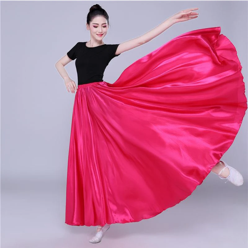 Glanzend satijnen lange Spaanse rok Swing-dansrok Buikdansrok Zonrok 14 kleuren beschikbaar VL-310