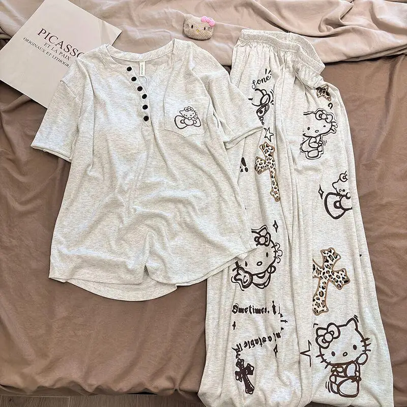 Hello Kitty New Summer Cartoon Women's Pajamas Printed with Chest Pad Short-Sleeved Trousers Suit Large Size Home Wear Design