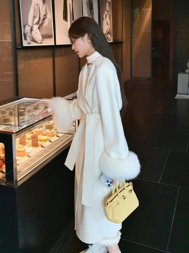 Women Elegant Double-faced Woolen Jacket New Autumn Winter Long Top Clothing Real Fox Fur Cuff Cashmere Wool Coat Female