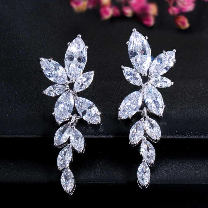 ThreeGraces Clear Marquise Cut Cubic Zirconia Rose Gold Color Elegant Leaf Drop Earrings for Women Bridal Wedding Jewelry E1159