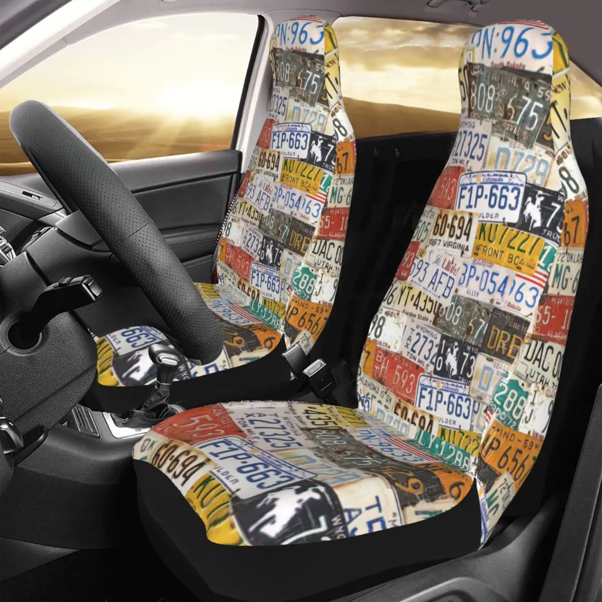 

License Plates Vintage Photo Background Car Seat Cover Custom Printing Universal Front Protector Accessories Cushion Set