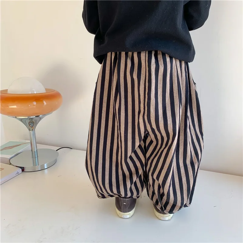 2024 Spring Kids cotton linen loose harem pants Children fashion vertical stripe trousers