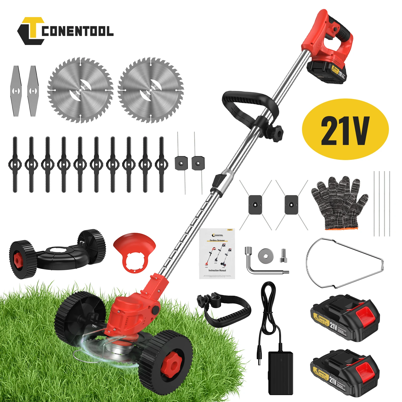 CONENTOOL Electric Lawn Mower Handheld Cordless Garden Lawn Mower is foldable，With 2 batteries, suitable for patio gardens.