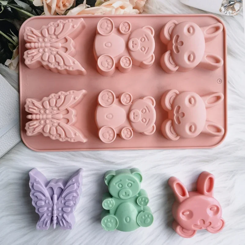 6 Cavity Bear Rabbit Silicone Soap Mold Butterfly Candle Resin Plaster Mould DIY Animal Ice Chocolate Making Home Decor Gifts