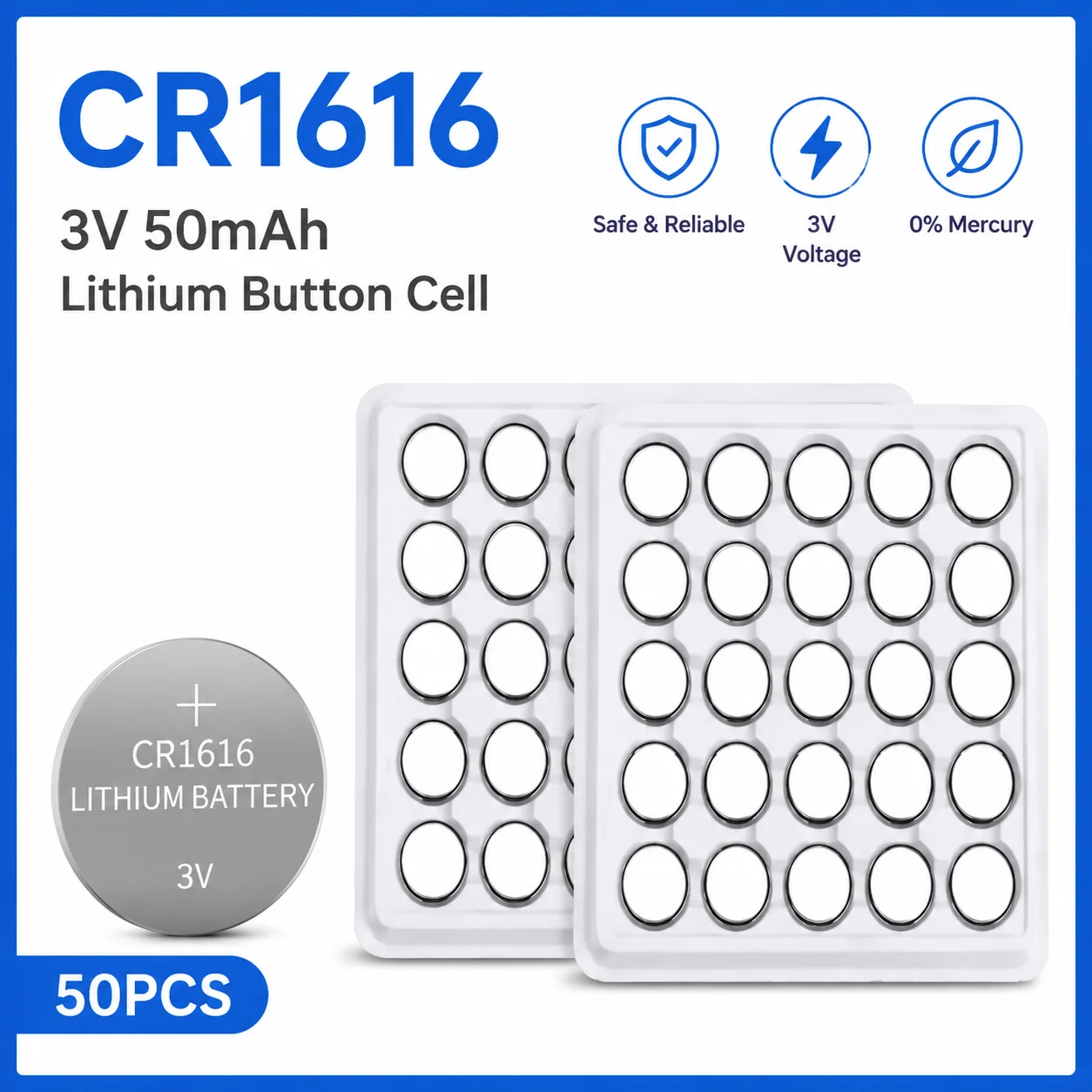 CR1616 3V 50mAh Lithium Button Cell Battery, DL1616 BR1616 Compatible, High Quality for Watch and Car Remote Control