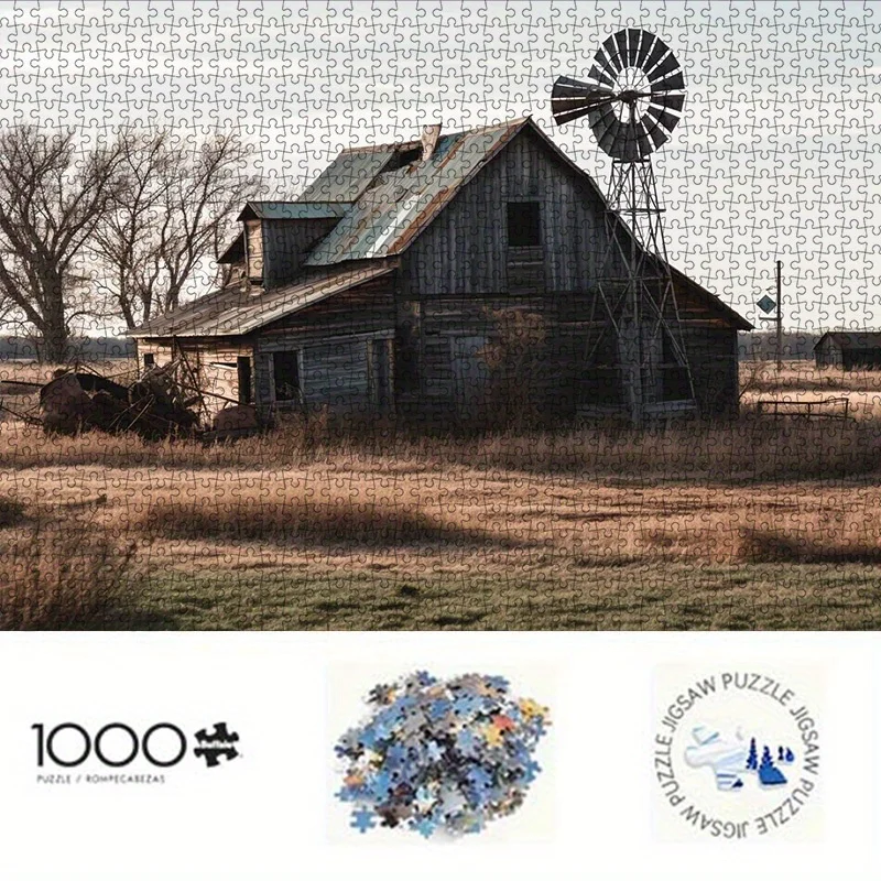 Vintage verlassenes Bauernhaus mit Windmühle, Puzzle für Erwachsene, Retro-Thema, intellektuelles Spiel, Heim- und Freizeit-Dekoration, Puzzle-Spielzeug