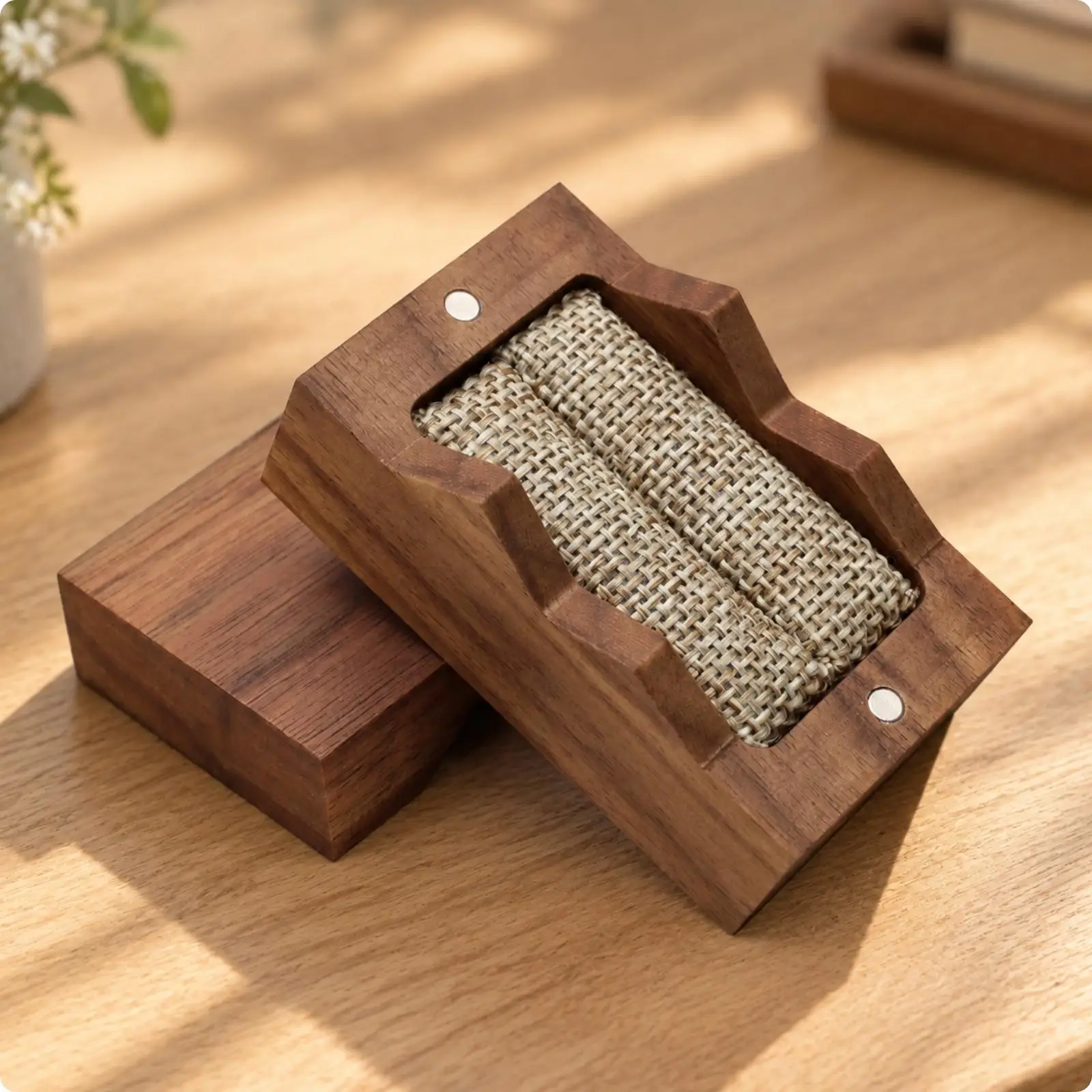 Natural Walnut Wood Jewelry Box Compact Ring Holder with Soft Interior Lining for Earrings and Keepsakes