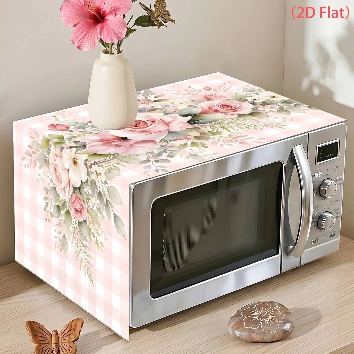 VIKAMA Pink Gingham Roses Floral Microwave Oven Dust Cover Polyester Appliance Protector Kitchen Decor for Fridge Washer Dryer