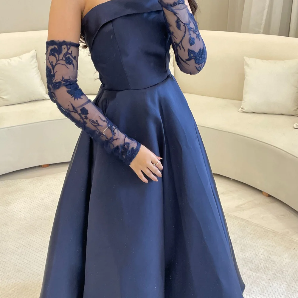 Sansa Sexy Strapless A-line فساتين سهره فاخره 2023 Elegant Lace Embroid Sleeve Vestidos De Noche Navy Blue Satin Prom Dress