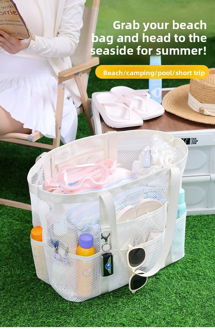 Atmungsaktive Mesh-Strandtasche mit mehreren Aufbewahrungstaschen, übergroße, schnell trocknende, wasserdichte Schultertasche für Sommersport im Freien – Detail 1