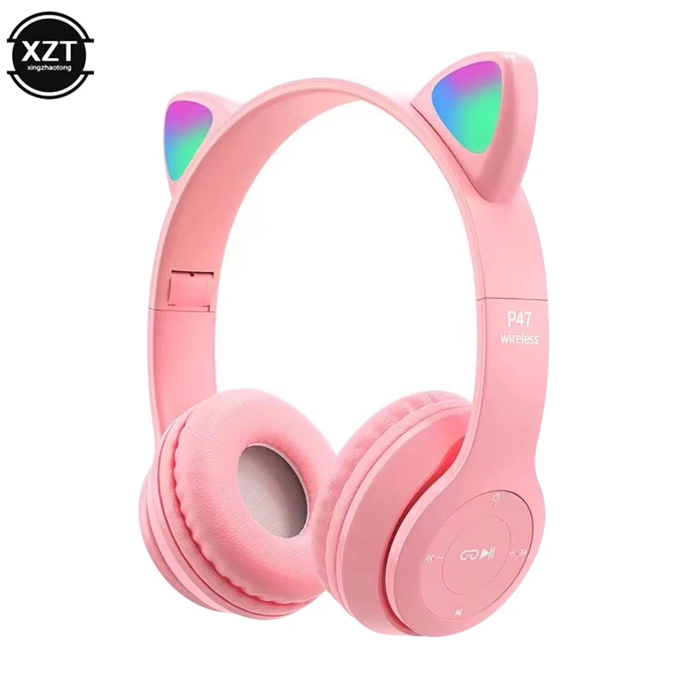 Cute Cat Ear Bluetooth-compatible Headset with LED Wireless Headset Children Girls Gift Stereo Music Sports Headset with Mic