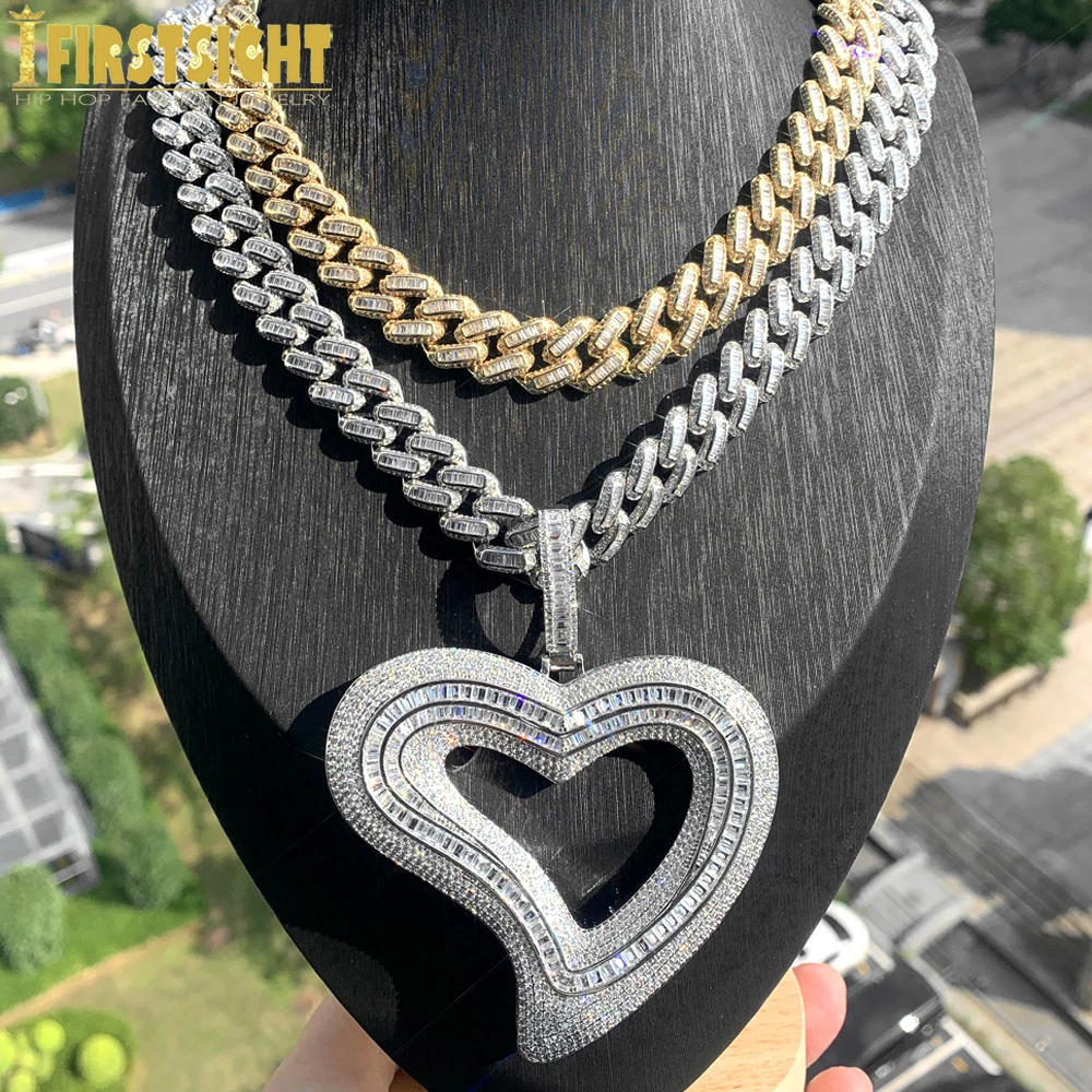 

New Luxury Big Hollow Heart Pendant Necklace Iced Out Bling CZ Cubic Zirconia 14MM Cuban Chain Women Men Hip Hop Jewelry