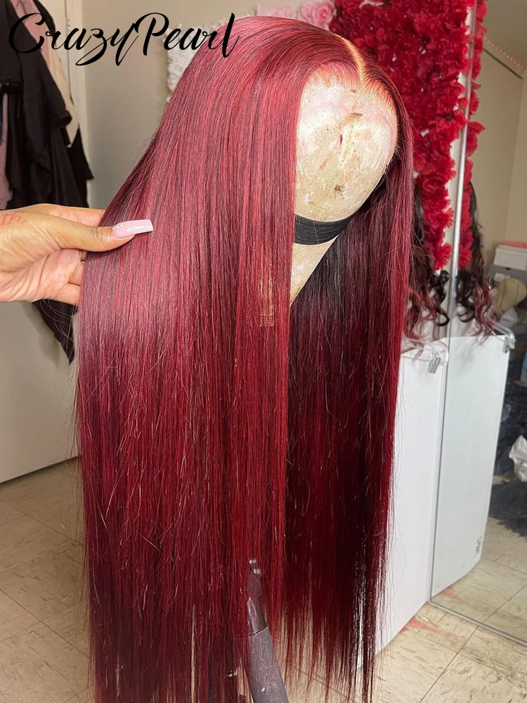 

Burgundy Wig Human Hair 28Inch 13X6 HD Transparent Lace Straight 99J Red Human Hair Wig Colored Reddish Brown Lace Frontal Wigs