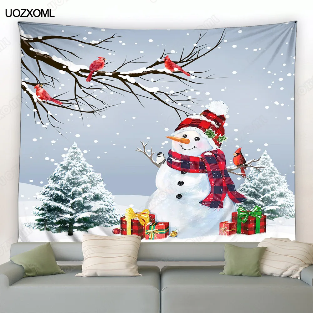 Funny Snowman Christmas Tapestry Red Birds Cedar Tree Forest Winter Landscape New Year Xmas Home Living Room Decor Wall Hanging