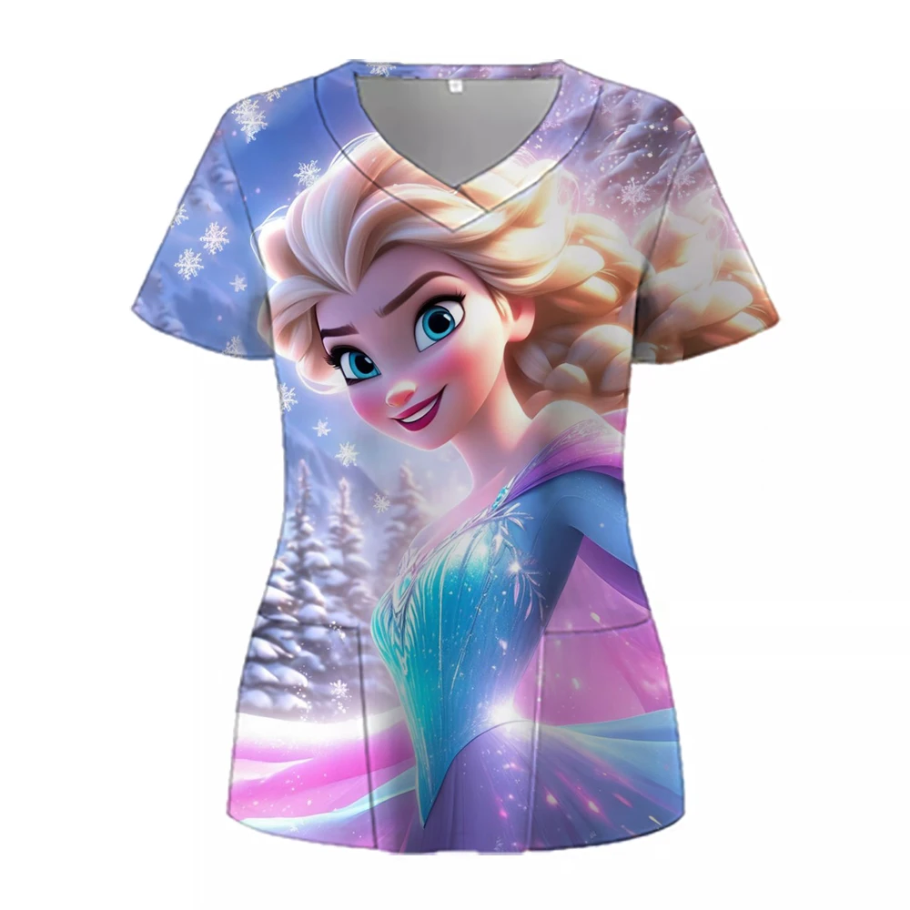 Nursing Uniforms Disney Princess Print Medical Working Clothes Women Men Beauty Salon Healthcare Short Sleeved Shirt Scrub Tops