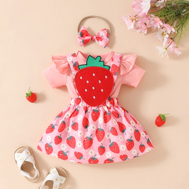 

Tregren 0-18M Infant Baby Girls Summer Outfits Short Sleeve Romper + Strawberry Suspender Skirt + Headband Set Newborn Clothes