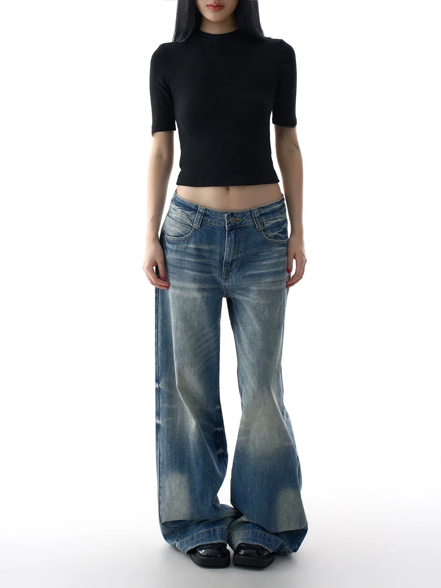 

Американские ретро джинсы с низкой талией и плотной талией, женские свободные прямые широкие брюки длиной до пола, осенние новые брюки