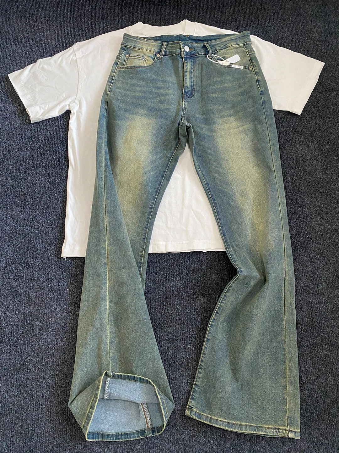 

American Style Vintage Deep Blue Men's Jeans CleanFit Washed Micro Flare Straight Leg Pants Cool Extended Length
