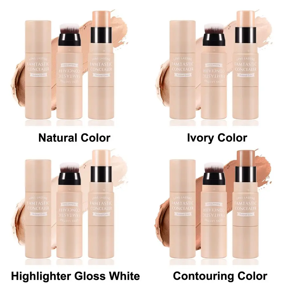 Full Coverage Concealer Stick Contour Neutral Makeup Smoother Moisturizing Concealer Double Head with Brush Highlighter Stick