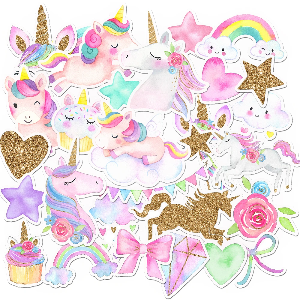 Paquete de pegatinas mágicas de unicornio arcoíris para niñas, juego de calcomanías coloridas para álbum de recortes, diario, planificador, regalo de recuerdo de fiesta, 34 piezas