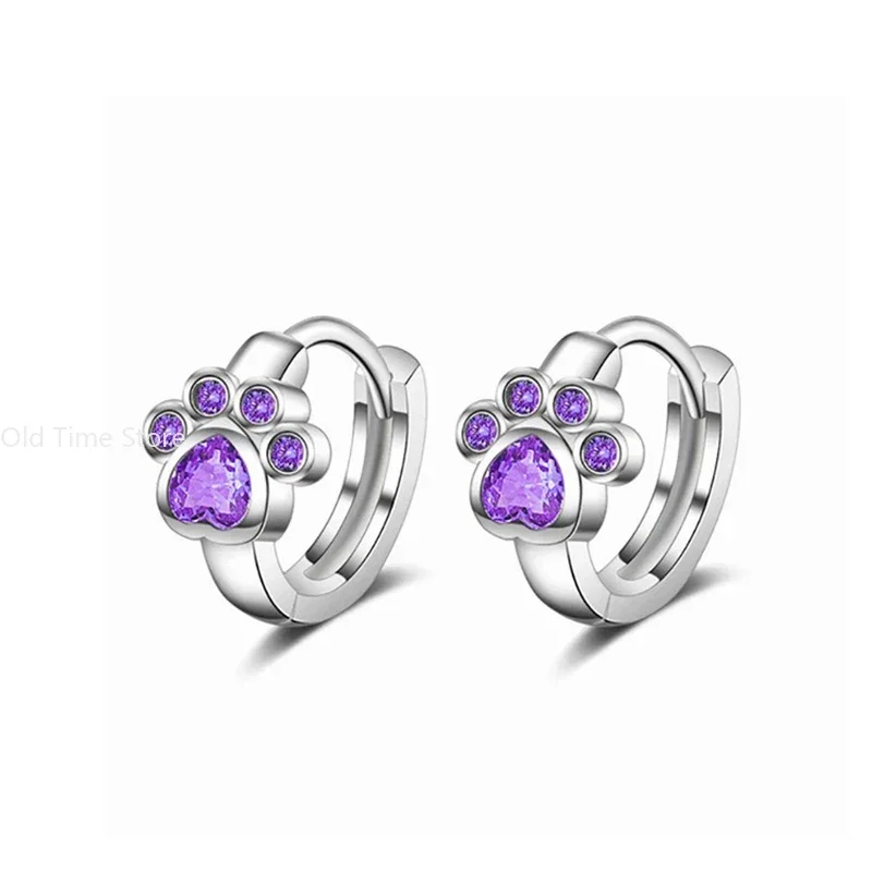 925 Sterling Silver Needle Colorful Copper Zirconia Cat Dog Paw Hoop Earrings for Women Birthday Party Wedding Gift Jewelry view 6