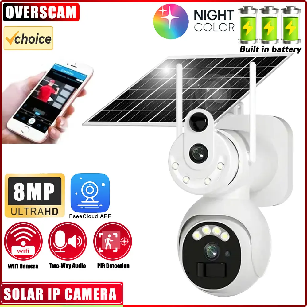 Câmera de bateria solar 4k 8mp ao ar livre sem fio wifi ip cam lente dupla tela humana detectar vigilância vídeo cctv pir detectar