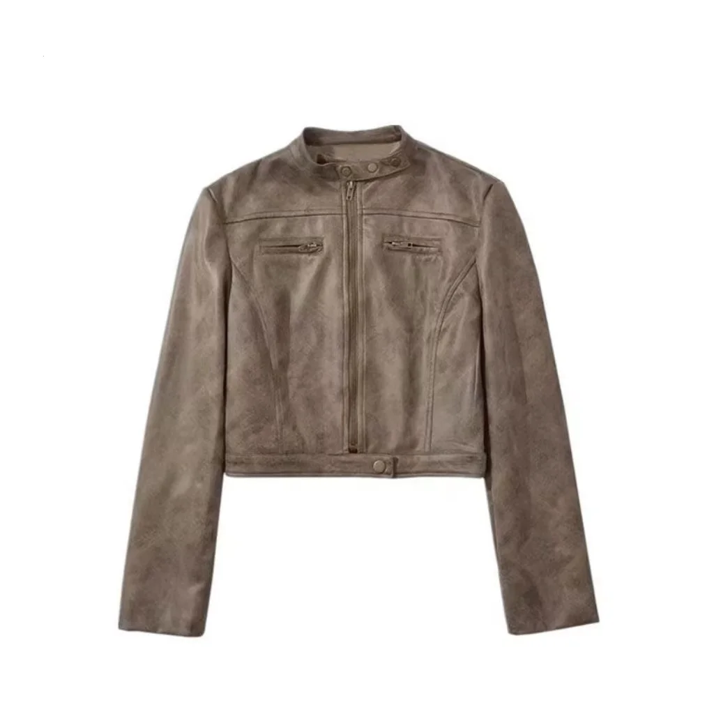 Chaqueta Bomber de cuero para mujer, abrigo corto elegante con cuello levantado, chaquetas de carreras góticas, prendas de vestir exteriores para motocicleta