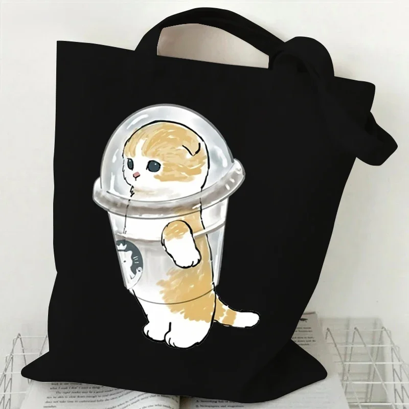 High Capacity Women Men Canvas Shoulder Bags Cute Cats Cartoon Anime Tote Bag Teen Girls Beach Bag Funny Kitten Female Handbags