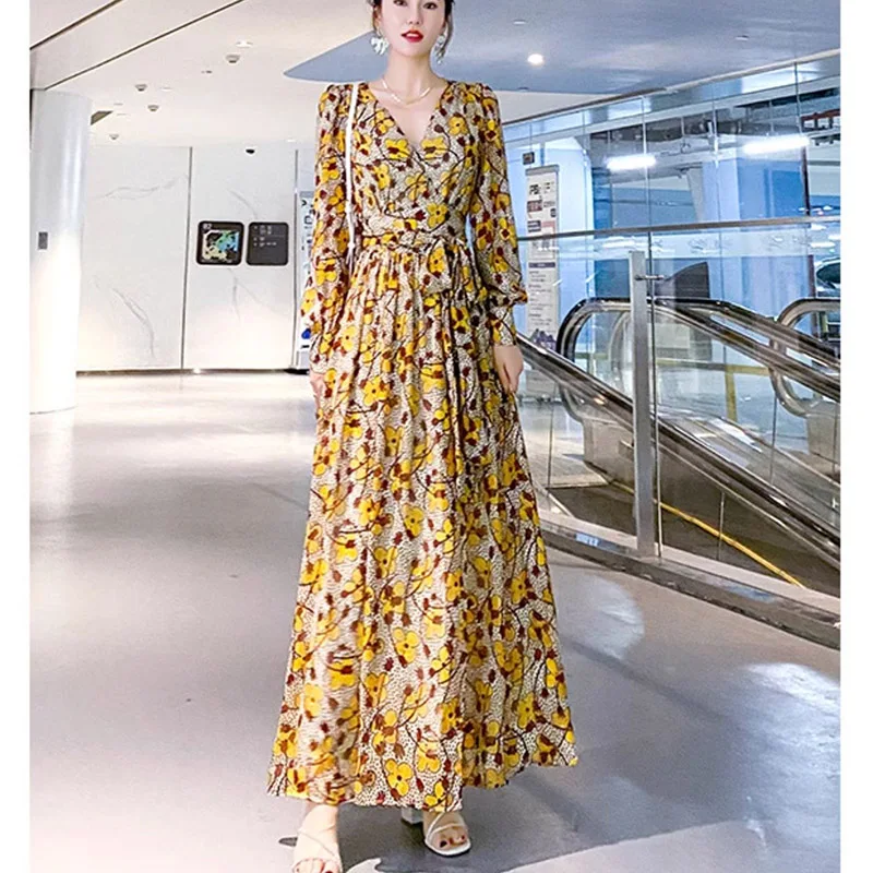 Spring 2024 New Floral Dress For Women V-Neck Fashion Elegant Long Dresses Female Vintage Full Sleeve Y2K Luxury Party Vestidos