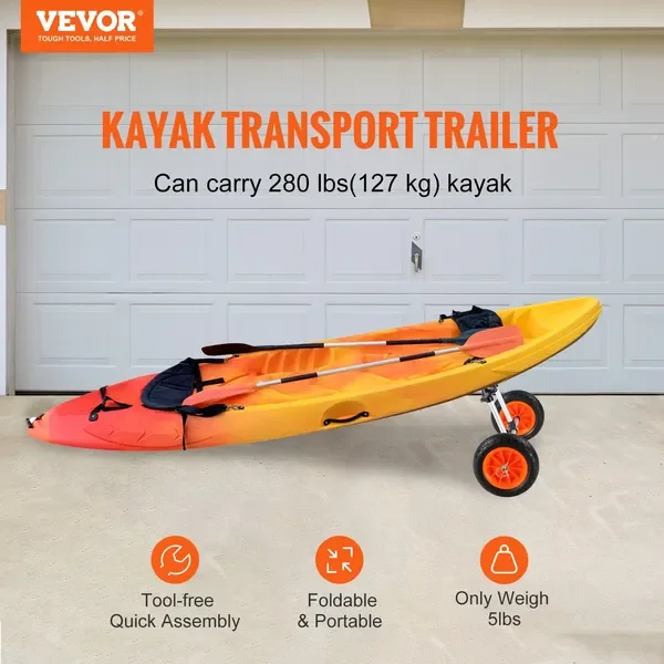 VEVOR Heavy Duty Kayak Cart, 280lbs Load Capacity, Detachable Canoe Trolley Cart with 10'' Solid Tires, Adjustable Width & T