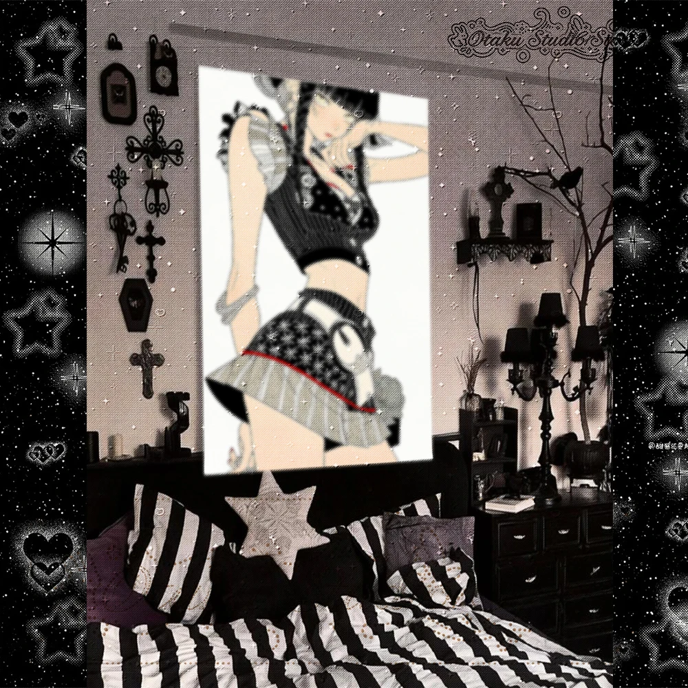 Harajuku Vintage Tapestry ふるかわ Sailor Collar Manga Girl Wall Decor Sharp Line Drawing Aesthetic Pop Art Wall Hanging