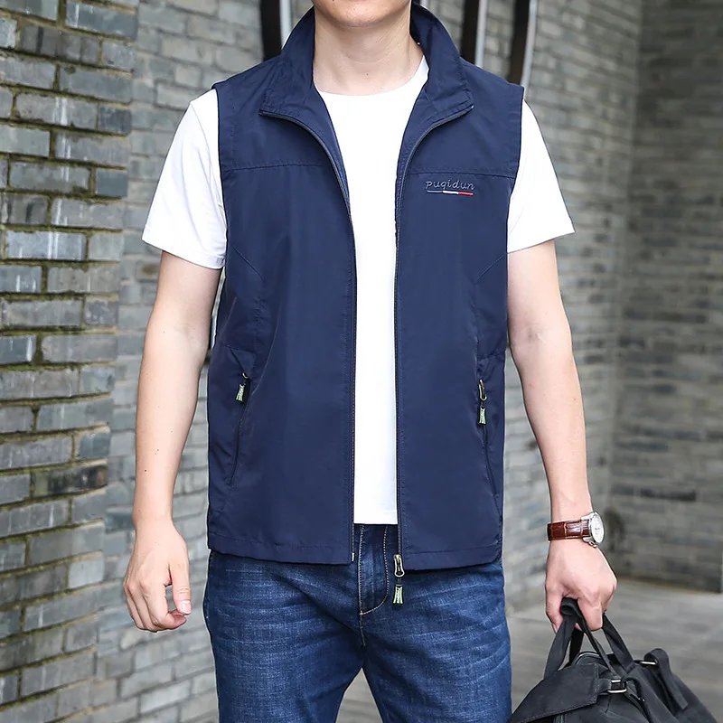 2024 Spring and Summer Thin Vest Middle and Elderly Casual Solid Standing Neck Breathable Fishing Vest Large Loose Shoulder Coat