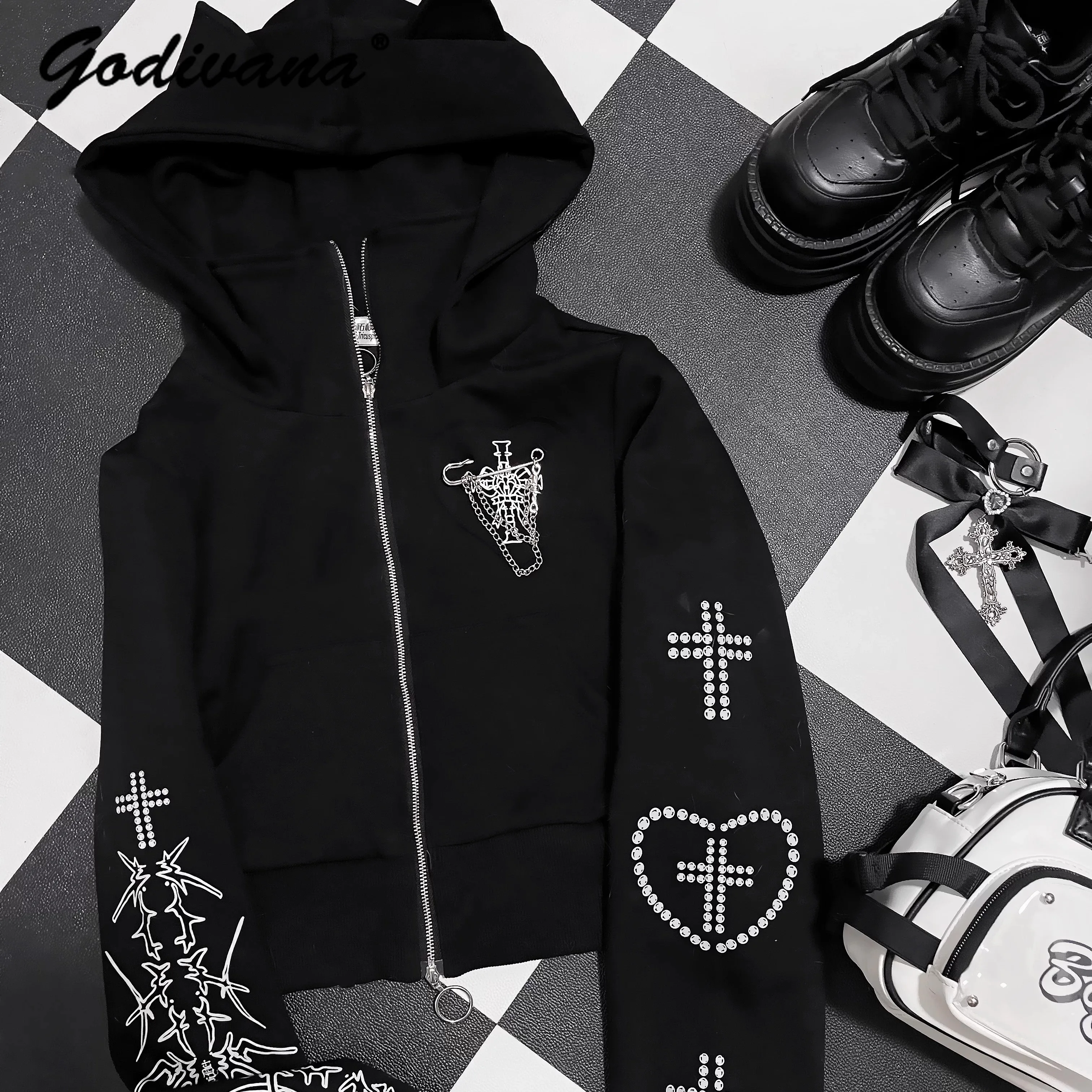 New Spring and Autumn Women's Gothic Zipper Hooded Cardigan Jacket New Subculture Girls Sweet Slim-Fit Short Hoodie Coat