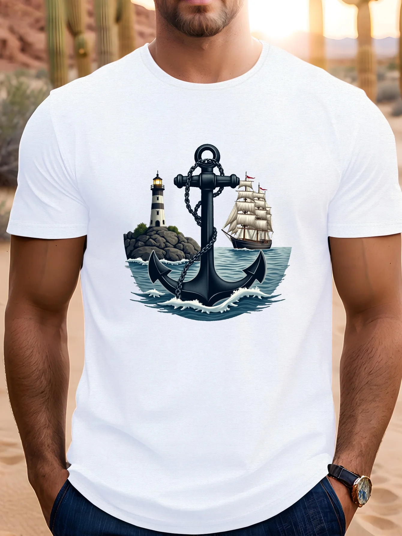 Lighthouse navigation-themed design with anchor pattern wrinkles, extra-large men's T-shirt, extra-large size
